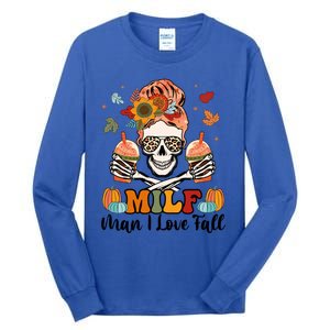 Milf I Love Fall Skeleton Pumpkin Spice Messy Bun Mom Gift Tall Long Sleeve T-Shirt