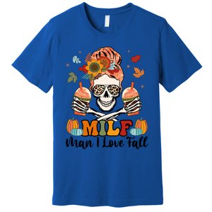 Milf I Love Fall Skeleton Pumpkin Spice Messy Bun Mom Gift Premium T-Shirt