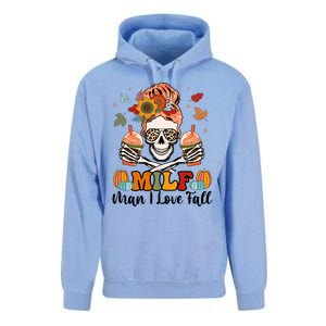 Milf I Love Fall Skeleton Pumpkin Spice Messy Bun Mom Gift Unisex Surf Hoodie