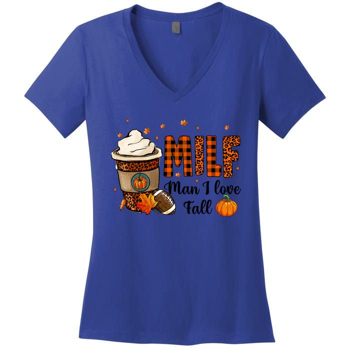 Milf I Love Fall Football Lover Pumpkin Spice Great Gift Women's V-Neck T-Shirt