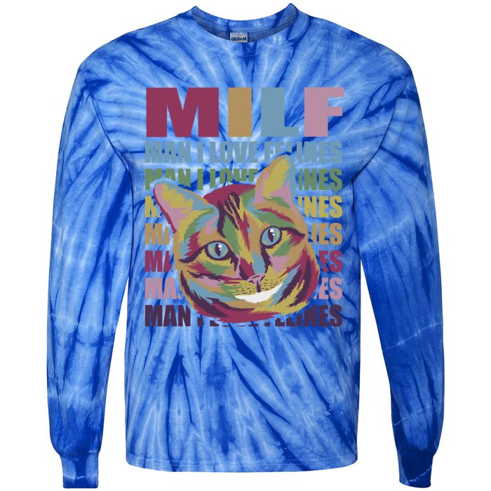 Milf I Love Felines Funny Cat Vintage Retro Mothers Day Cute Gift Tie-Dye Long Sleeve Shirt