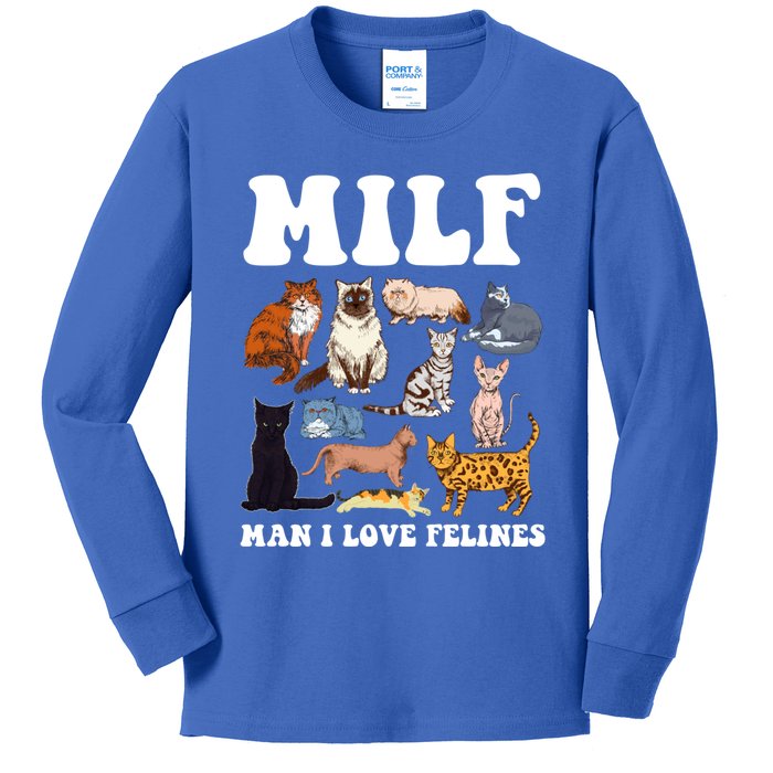 Milf I Love Felines Funny Cat Vintage Gift Kids Long Sleeve Shirt