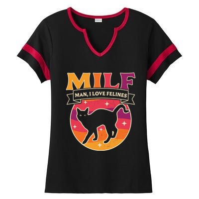 Milf I Love Felines Funny Cats Retro Vintage Black Cat Gift Ladies Halftime Notch Neck Tee