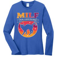 Milf I Love Felines Funny Cats Retro Vintage Black Cat Gift Ladies Long Sleeve Shirt