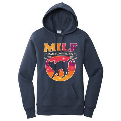 Milf I Love Felines Funny Cats Retro Vintage Black Cat Gift Women's Pullover Hoodie