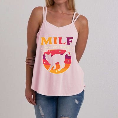 Milf I Love Felines Funny Cats Retro Vintage Black Cat Gift Women's Strappy Tank