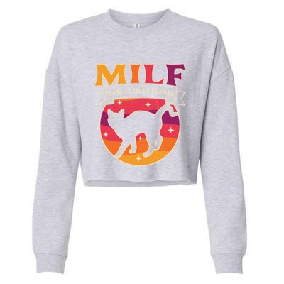 Milf I Love Felines Funny Cats Retro Vintage Black Cat Gift Cropped Pullover Crew