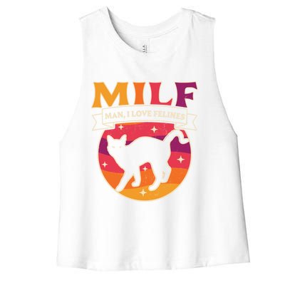 Milf I Love Felines Funny Cats Retro Vintage Black Cat Gift Women's Racerback Cropped Tank