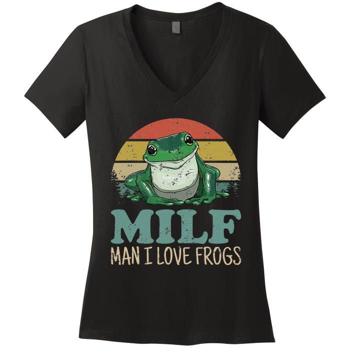 MILFMan I Love Frogs Funny Saying FrogAmphibian Lovers Women's V-Neck T-Shirt