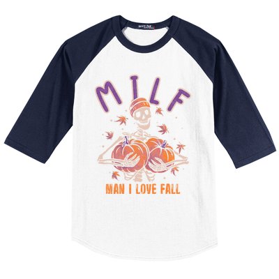 Milf I Love Fall Funny Autumn Pumpkin Skeleton Halloween Cute Gift Baseball Sleeve Shirt