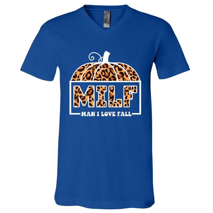 Milf I Love Fall Funny Pumpkin Autumn Lover Gift V-Neck T-Shirt