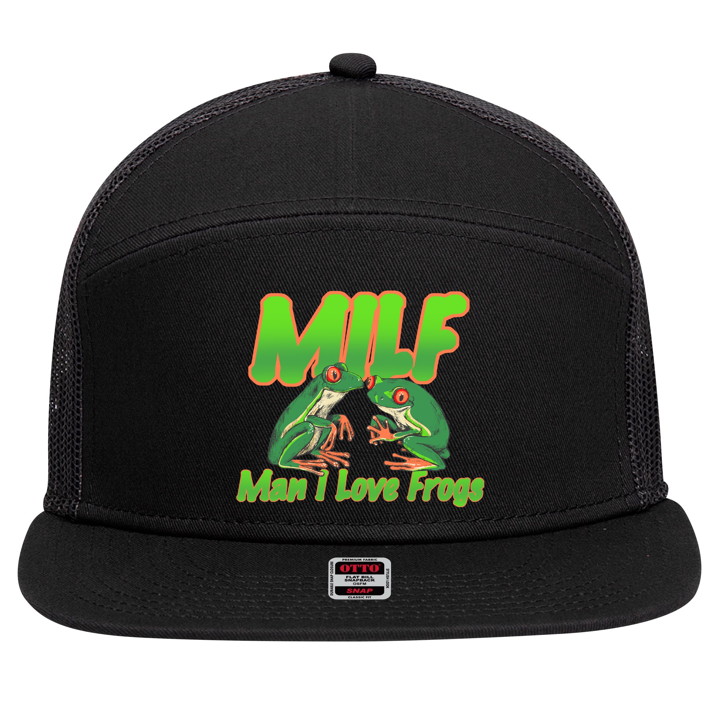 Milf Man I Love Frogs Funny 7 Panel Mesh Trucker Snapback Hat