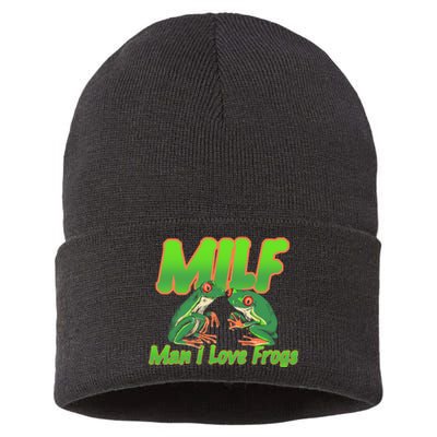 Milf Man I Love Frogs Funny Sustainable Knit Beanie