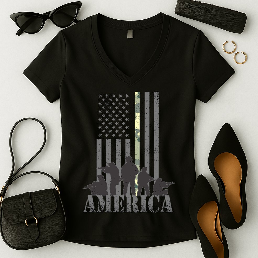 Military American Veteran Flag USA  Women's V-Neck T-Shirt