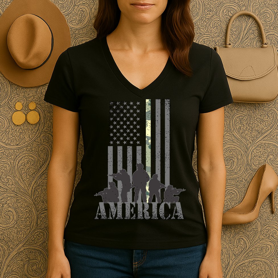 Military American Veteran Flag USA  Women's V-Neck T-Shirt