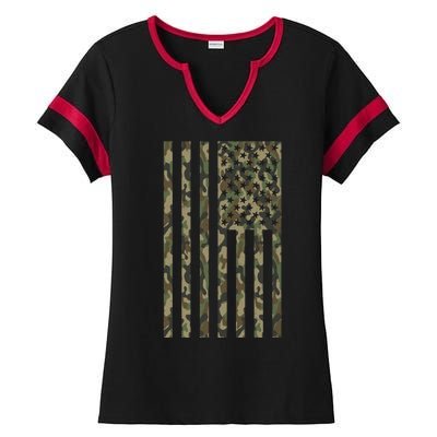 Military Camouflage USA American Flag Ladies Halftime Notch Neck Tee