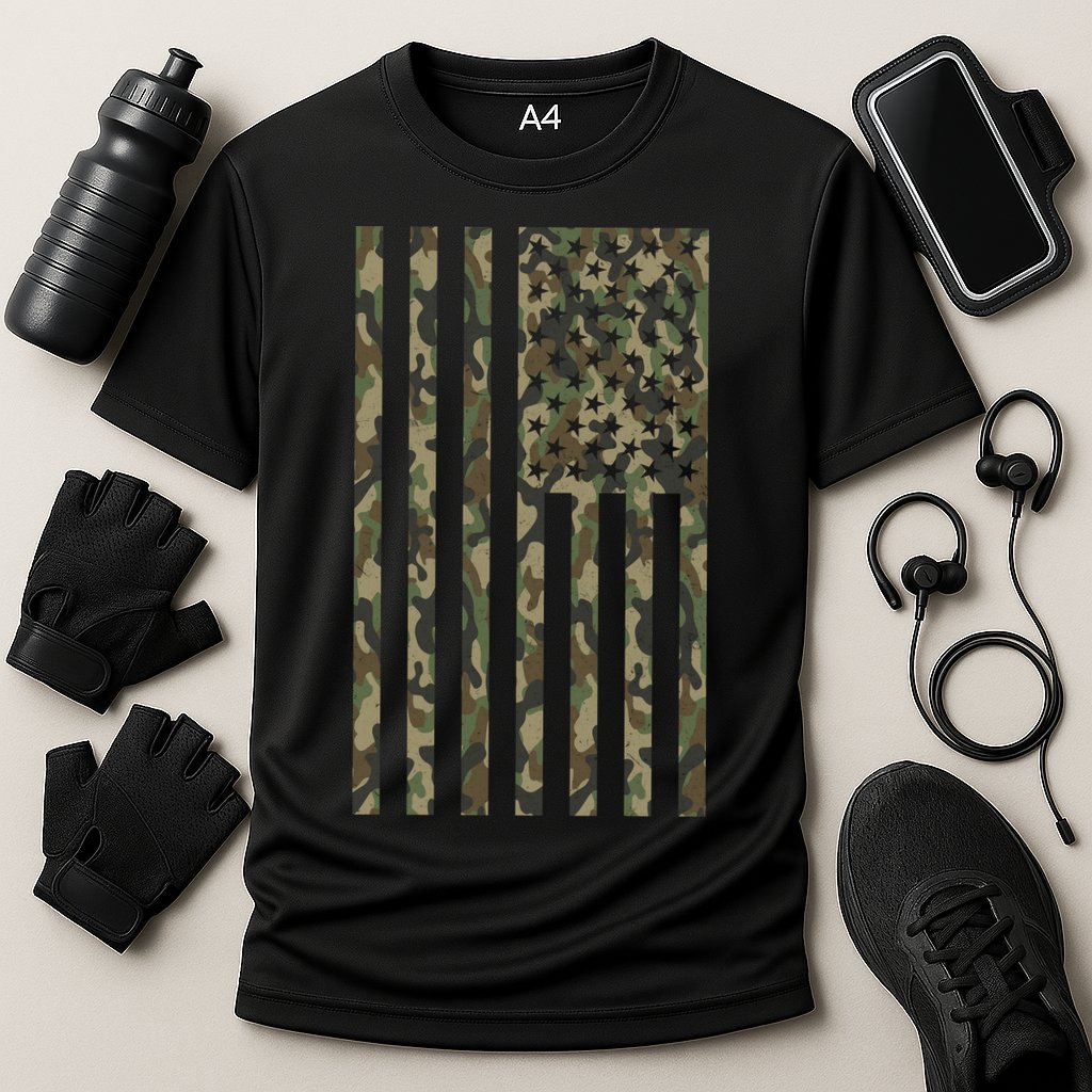 Military Camouflage USA American Flag Cooling Performance Crew T-Shirt