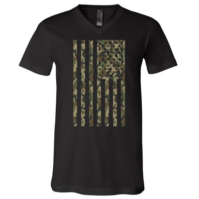 Military Camouflage USA American Flag V-Neck T-Shirt