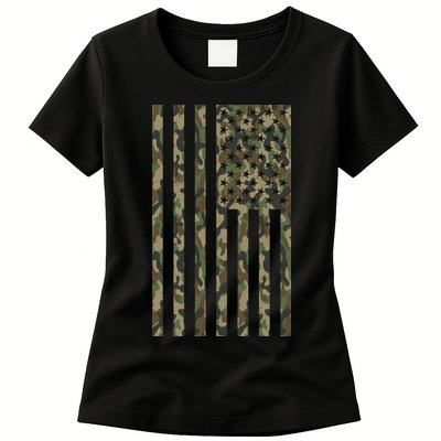 Military Camouflage USA American Flag Womens T-Shirt