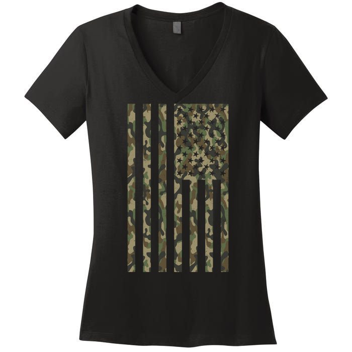 Military Camouflage USA American Flag Women's V-Neck T-Shirt