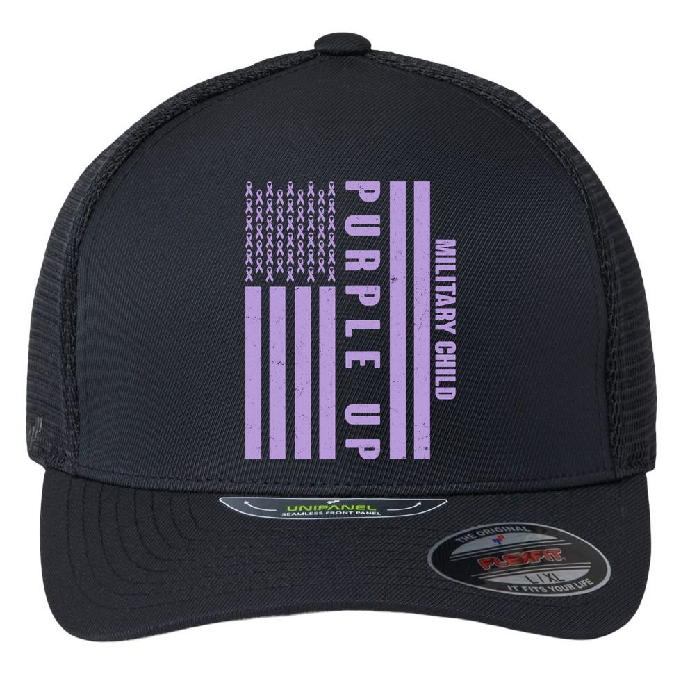 Military Child Purple UP US American Flag Flexfit Unipanel Trucker Cap