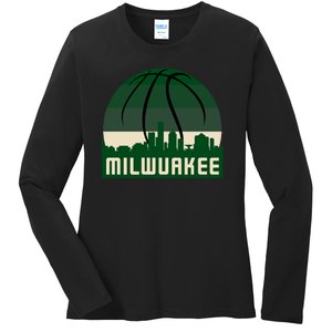 Milwaukee Basketball City Skyline Ladies Long Sleeve Shirt