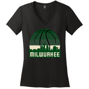 Milwaukee Basketball City Skyline Women's V-Neck T-Shirt