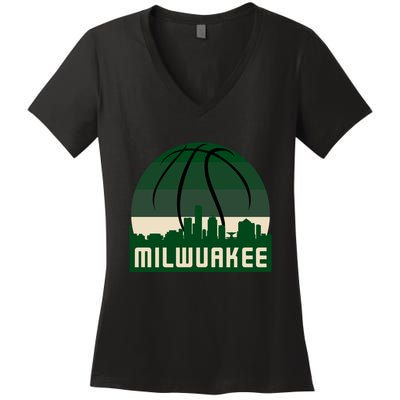 Milwaukee Basketball City Skyline Women's V-Neck T-Shirt