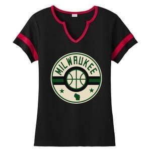 Milwaukee Basketball Stars And Stripes Wisconsin Map Ladies Halftime Notch Neck Tee