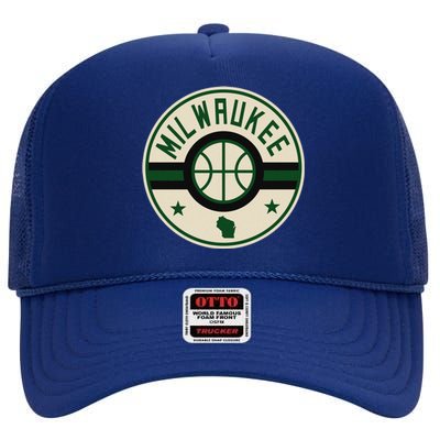 Milwaukee Basketball Stars And Stripes Wisconsin Map High Crown Mesh Back Trucker Hat