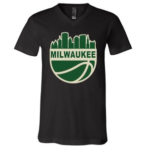 Milwaukee Basketball Wisconsin Cityscape V-Neck T-Shirt