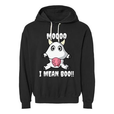 Mooo I Mean Boo Funny Cow Costume Halloween Garment-Dyed Fleece Hoodie