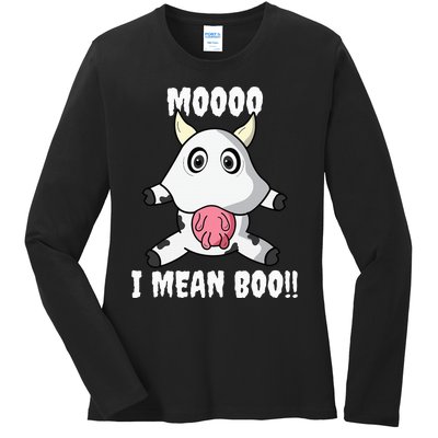 Mooo I Mean Boo Funny Cow Costume Halloween Ladies Long Sleeve Shirt