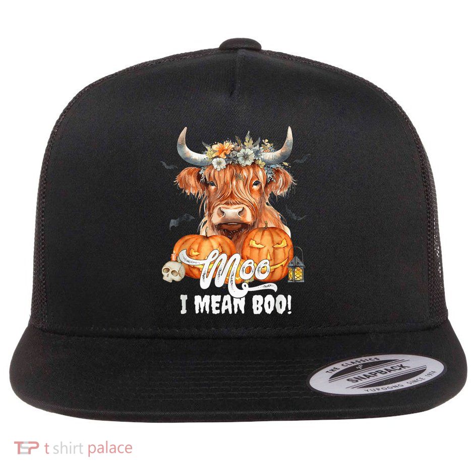 Moo I Mean Boo Pumkin Scottish Highland Cow Halloween Flat Bill Trucker Hat