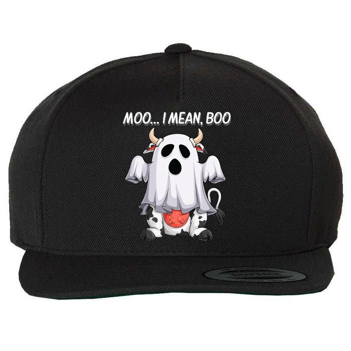 Moo I Mean Boo Ghost Cow Funny Halloween Wool Snapback Cap