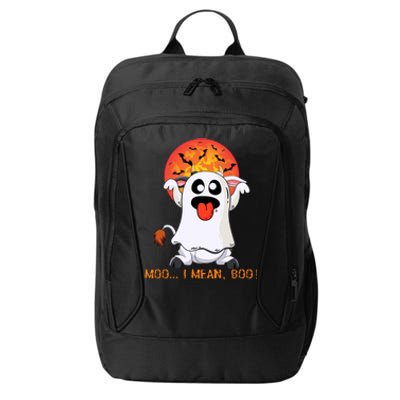 Moo I Mean Boo Funny Ghost Cow Halloween Gift City Backpack