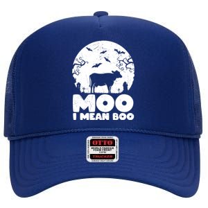 Moo I Mean Boo Funny Halloween Cow Ghost Cool Gift High Crown Mesh Back Trucker Hat