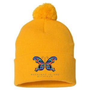 Mackinac Island Michigan Souvenir Butterfly Graphic Pom Pom 12in Knit Beanie