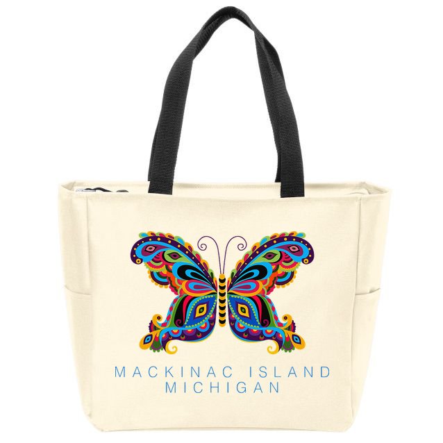 Mackinac Island Michigan Souvenir Butterfly Graphic Zip Tote Bag