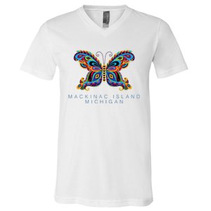 Mackinac Island Michigan Souvenir Butterfly Graphic V-Neck T-Shirt