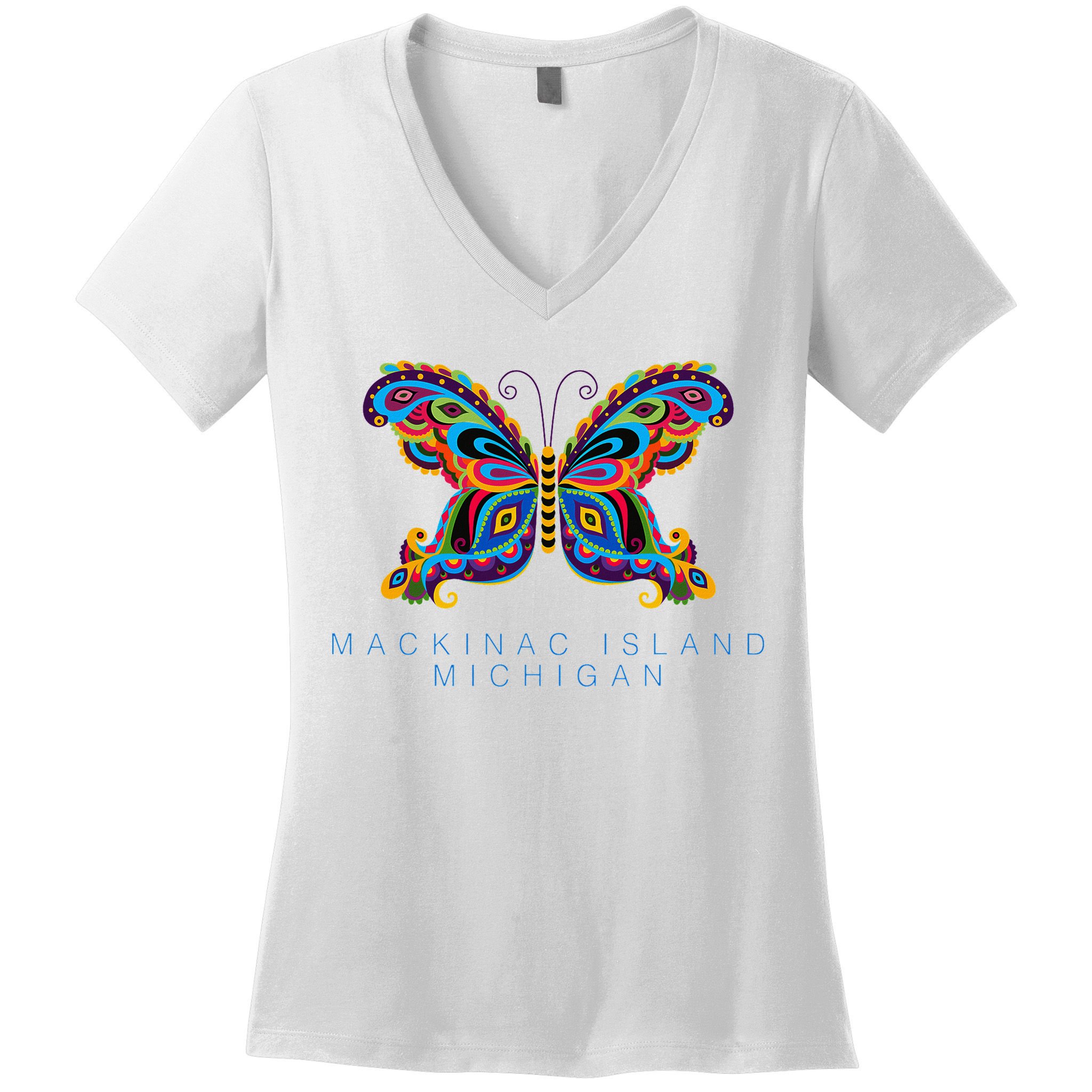 Mackinac Island Michigan Souvenir Butterfly Graphic Women's V-Neck T-Shirt