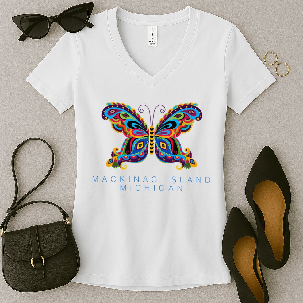 Mackinac Island Michigan Souvenir Butterfly Graphic Women's V-Neck T-Shirt