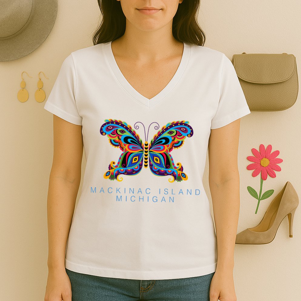 Mackinac Island Michigan Souvenir Butterfly Graphic Women's V-Neck T-Shirt