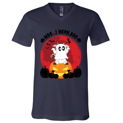 Moo I Mean Boo Ghost Cow Ghost Halloween Gift V-Neck T-Shirt