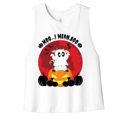 Moo I Mean Boo Ghost Cow Ghost Halloween Gift Women's Racerback Cropped Tank