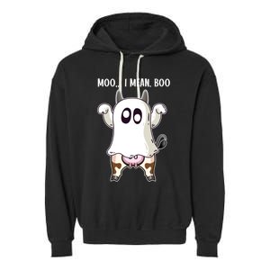 Moo I Mean Boo Ghost Cow Halloween Cow Lover Halloween Farm Gift Garment-Dyed Fleece Hoodie