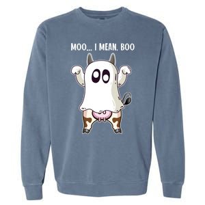 Moo I Mean Boo Ghost Cow Halloween Cow Lover Halloween Farm Gift Garment-Dyed Sweatshirt