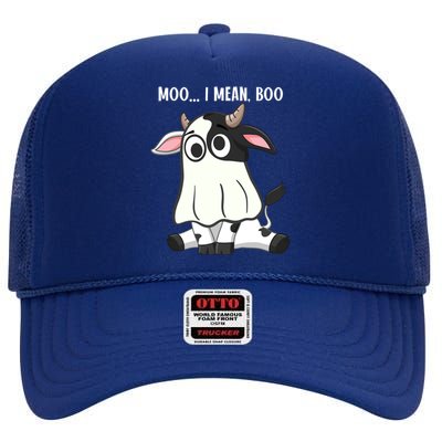 Moo I Mean Boo Ghost Cow Halloween Cow Lover Halloween Farm Gift High Crown Mesh Back Trucker Hat