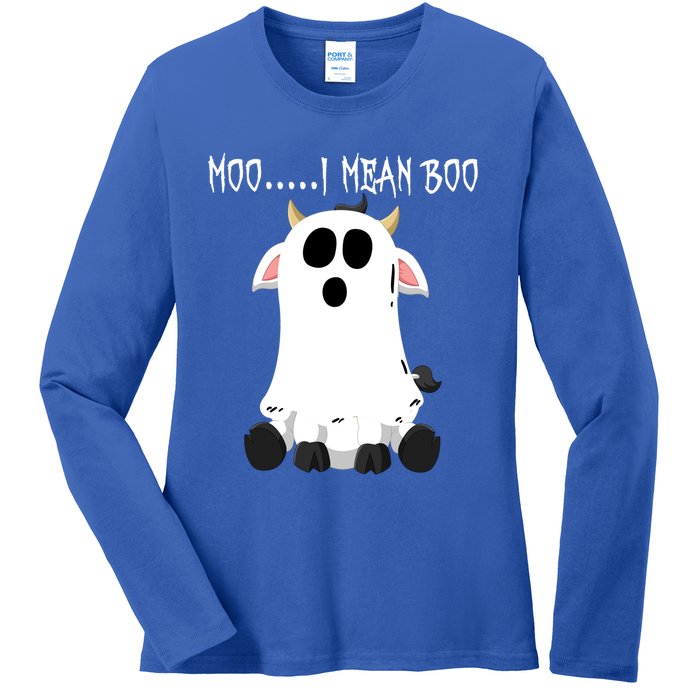 Moo I Mean Boo Ghost Cow Halloween Farmer Funny Gift Ladies Long Sleeve Shirt