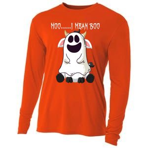 Moo I Mean Boo Ghost Cow Halloween Farmer Funny Gift Cooling Performance Long Sleeve Crew